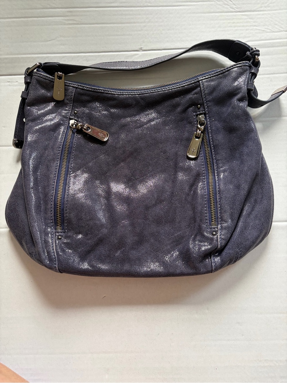 Cole Haan Shimmering Navy Leather Shoulder Bag with Front Zip Details